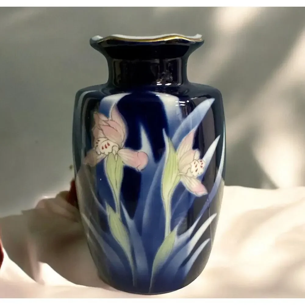 Vtg Pier 1 Import‎ Japanese Cobalt Blue Vase Porcelain Pink Orchid Flower
